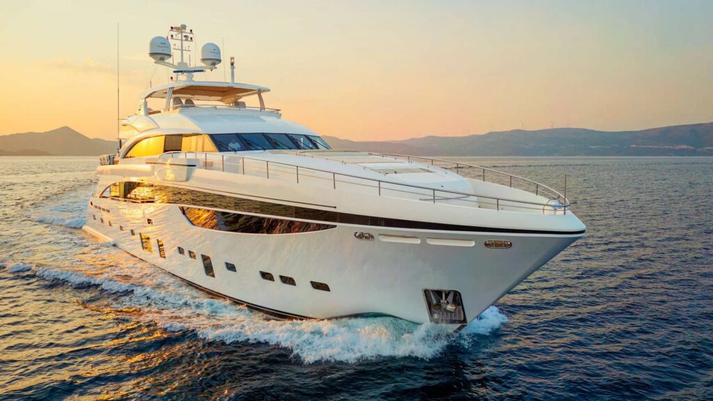 MIRAGE IV, a 2017 Princess of 131 feet, under way at sunset