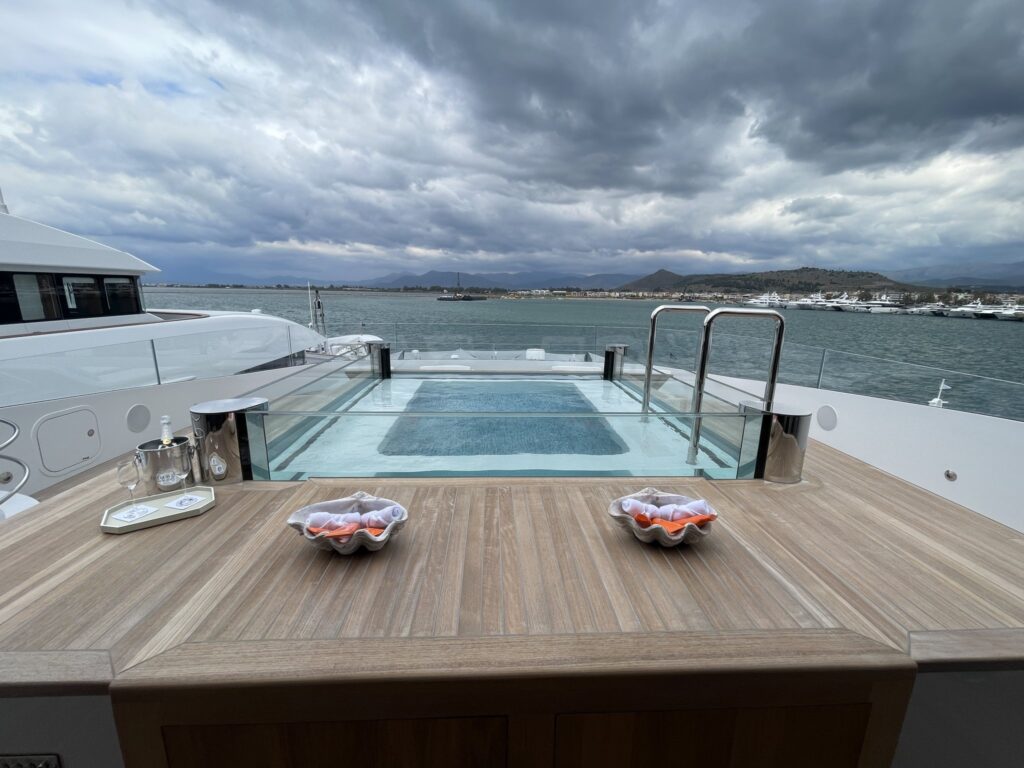 The deck pool on motor yacht O'MADELEINE, moored in Nafplion, May 2026.