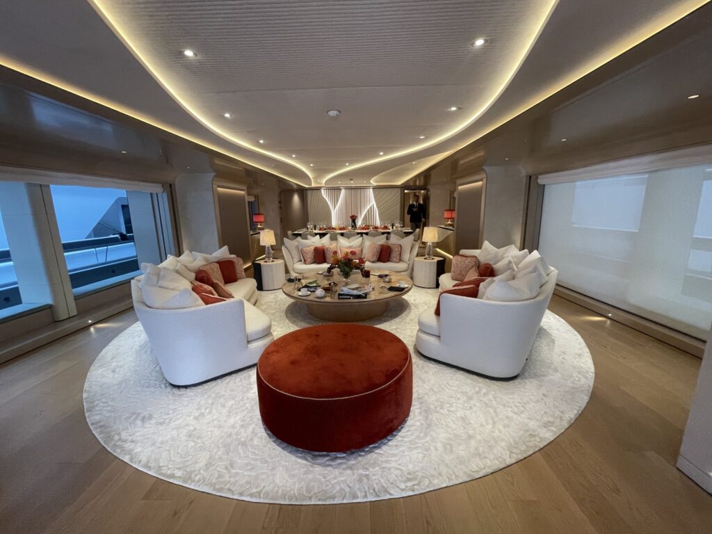 The main saloon of motor yacht O'MADELEINE, May 2026.