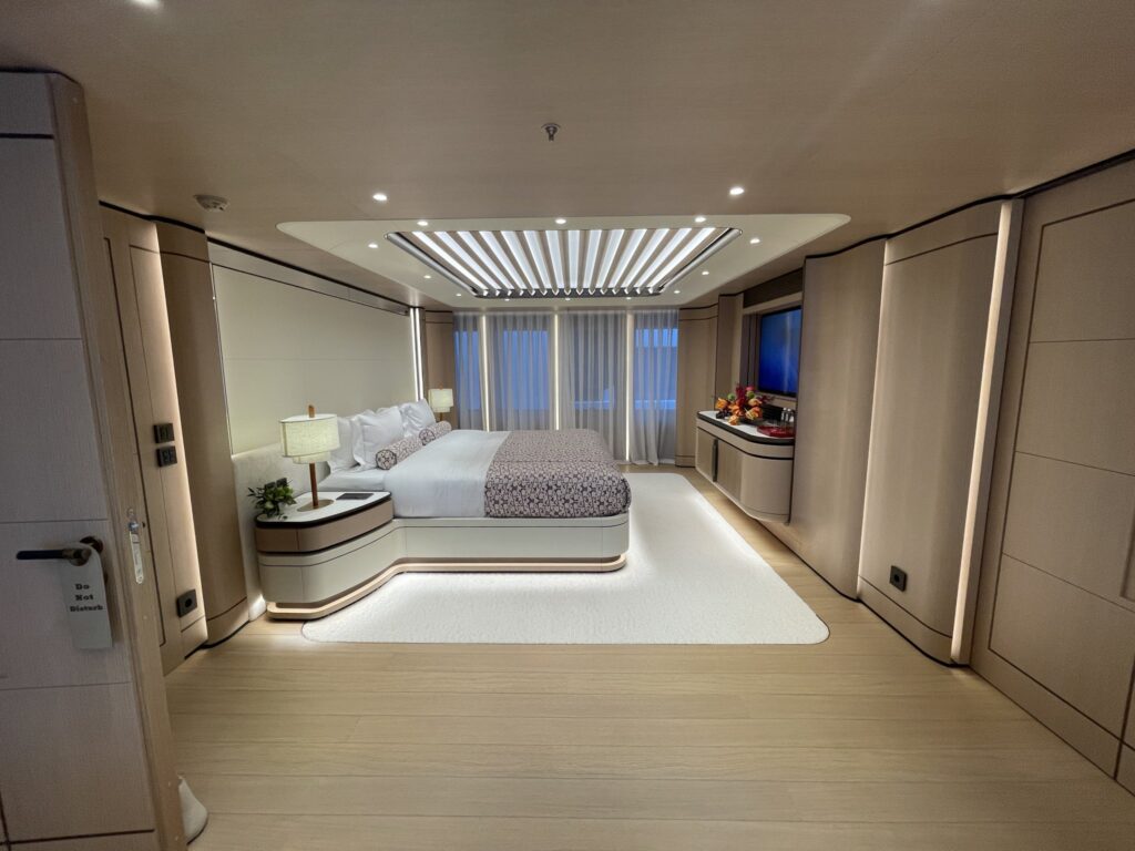 The master suite on motor yacht O'MADELEINE, May 2026.