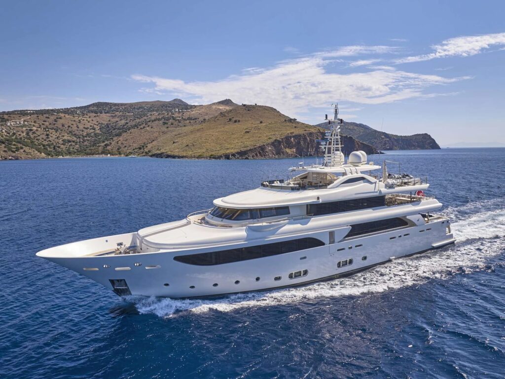 PALATIAL, a 2013 CRN superyacht of 141 feet, under way in Greece