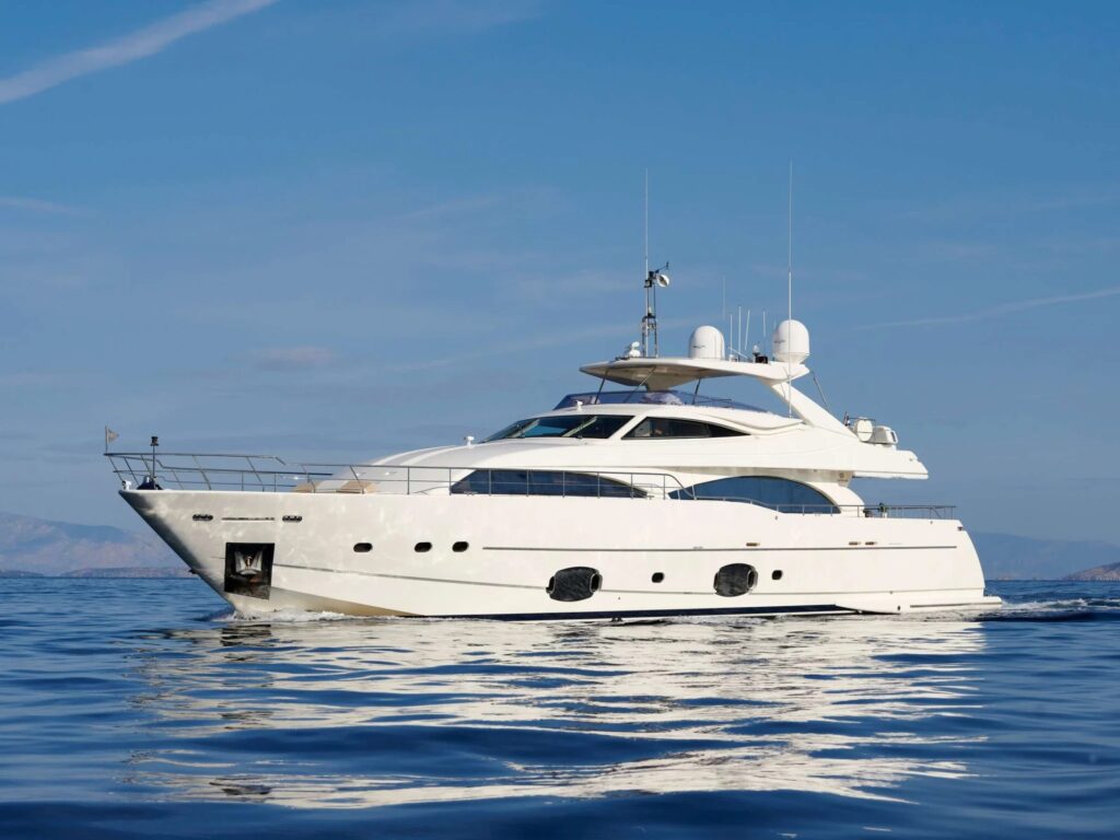 PAREAKKI, a 97 foot Ferretti motor yacht refitted in 2024, under way in Greece