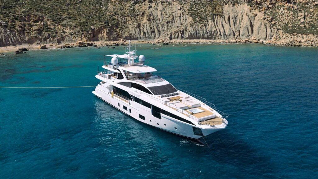 PURA VIDA, a 2020 Azimut Grande of 115 feet, at anchor in Greece