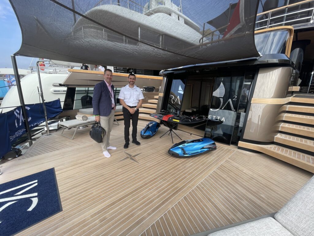 The aft deck of motor yacht RAJA 2 with water toys, April 2026.