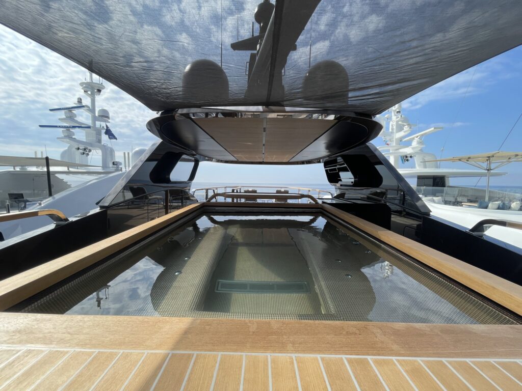 The deck jacuzzi under the hardtop on motor yacht RAJA 2, April 2026.