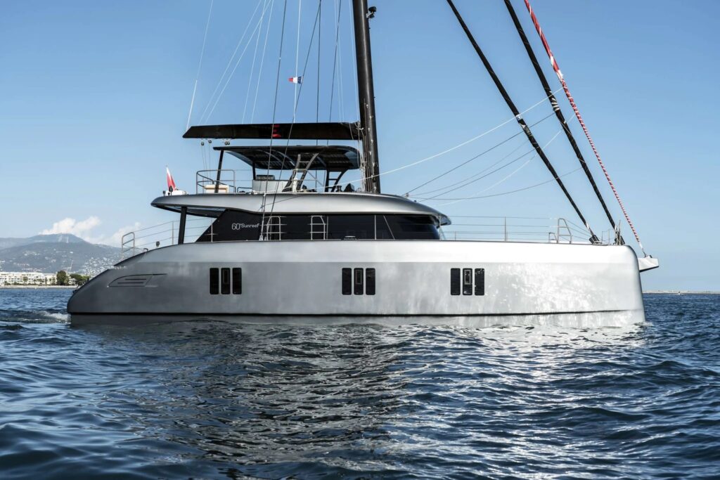 SERENITY, a 2025 Sunreef 60 charter catamaran, under way in Greece