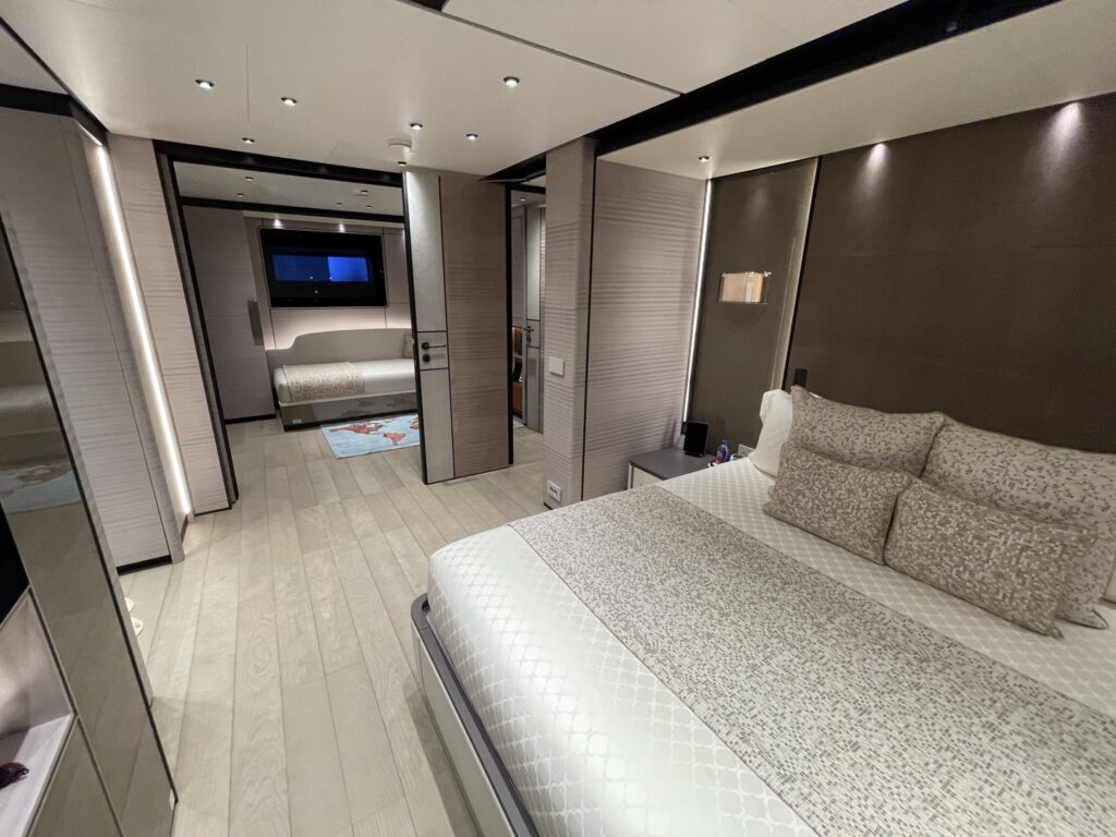 The master cabin on motor yacht SUI GENERIS, April 2026.