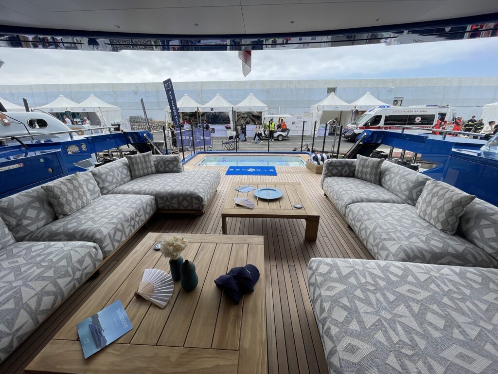 The sundeck lounge on motor yacht SUI GENERIS, a 2026 Baglietto, April 2026.