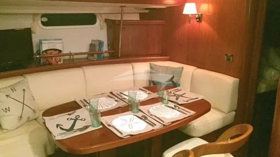 The saloon set up for dining.