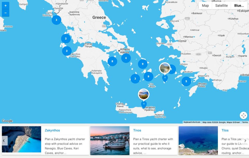 Crewed yacht charter map of Greece with destination pins