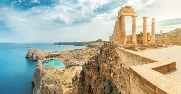 Famous tourist attraction - Acropolis of Lindos. Ancient architecture of Greece. Travel destinations of Rhodes island