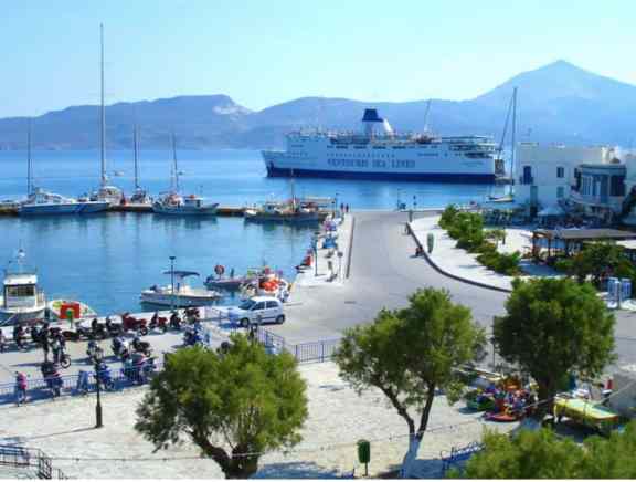 Milos Adamas Port with ferry pulling in