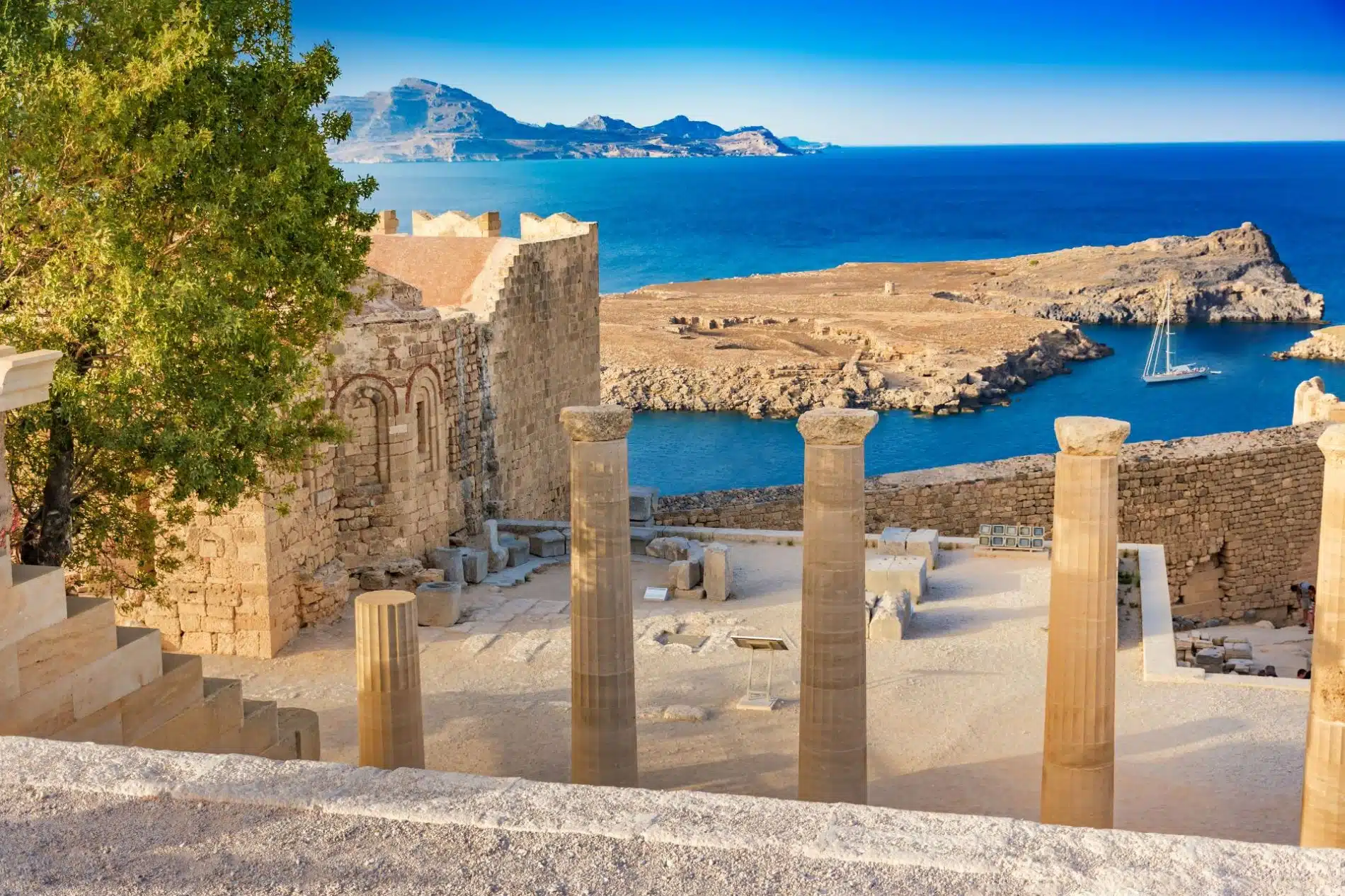 Medieval harbor and coastline in Rhodes, Dodecanese Islands, Greece