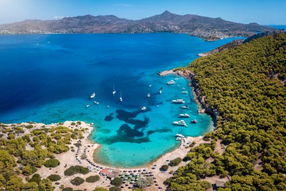 Above view of yachts anchored in bay at Aegina Island, Greece