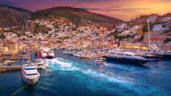 Luxury Charter Boats docked in the Port of Hydra, Greece