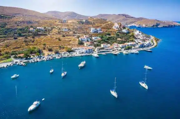 Panoramic view of the small village and sailors marina of Vourkari on the island of Kea Tzia, Cyclades, Greece-min.