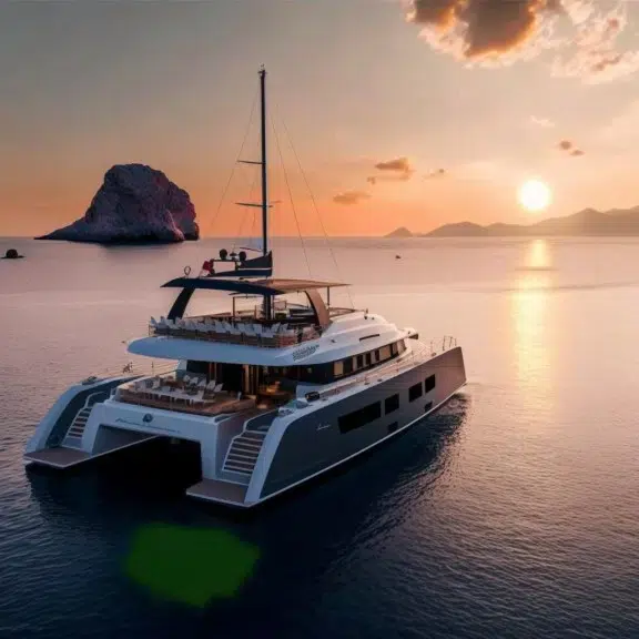 Catamaran in santorini with 2 charter guests on aft 0077b17f-1178-44be-a2d8-140cfa5b11.