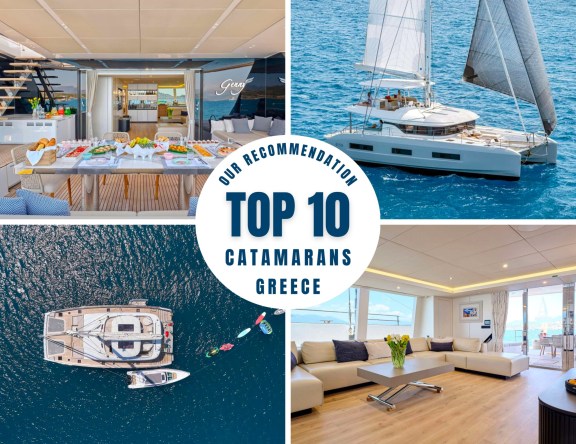 Featured Image, four photos of catamarans, from the side, above and inside. Text in the middle: Our recommended Top 10 Catamarans Greece