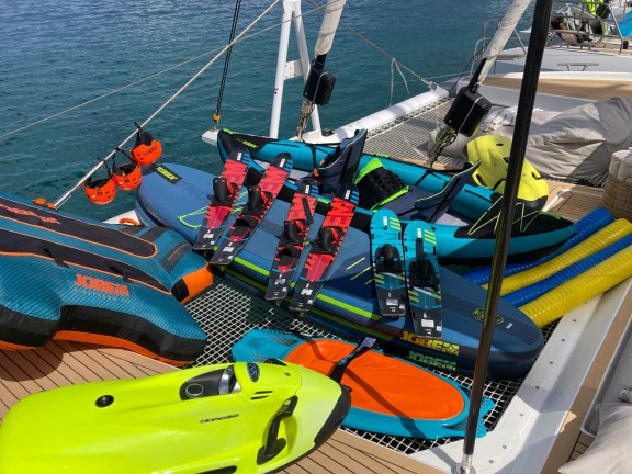 Selection of Water Toys on the foredeck of Catamaran Stephanie at the Poros Boat Show 2024