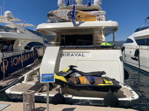 Jet Ski stored on the back deck of motor yacht Miravel, where it can be easily launched from.