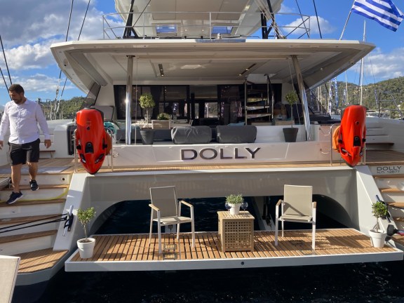 The Swim platform on Fountaine Pajot 67, Dolly, at the East Med Yacht Show 2024, Poros, Greece