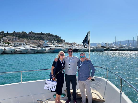 From the left: Charter Broker Sarah Klische, Louis Lamprell and Chris De Kock onboard Superyacht at the Nafplion Yacht Show 2024