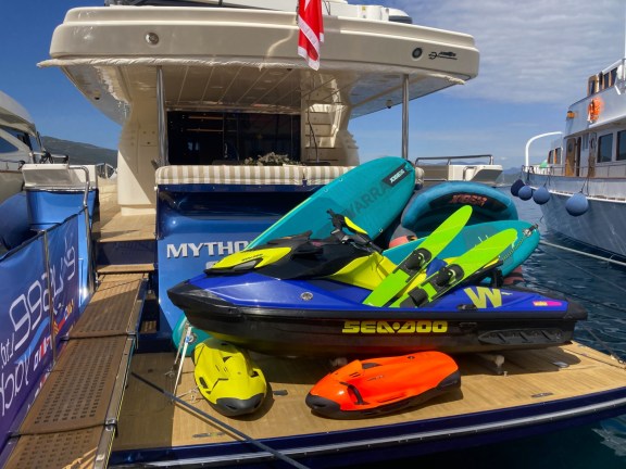 Jet ski and other water toys onboard Mythos G, East Med Yacht Show 2024, Poros