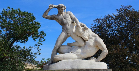 White sculpture of Theseus killing the Minotaur