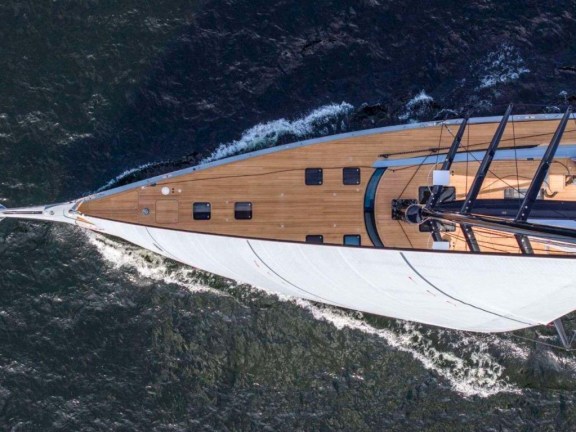 107-foot Sailing Yacht FANCY, seen from above cutting throught the water under full sail