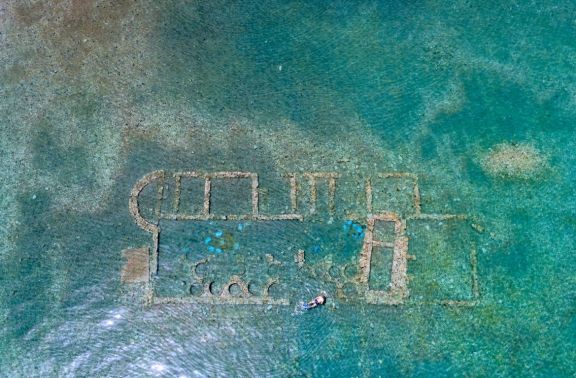 Aerial view of The Sunken City at Epidaurus, located 2 meters under the surface of the water
