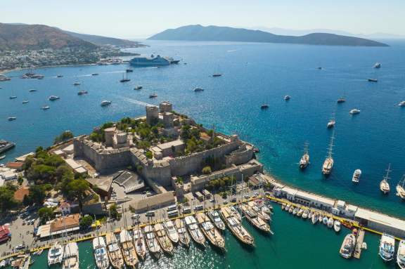 Aerial of marina with yachts docked in Turkey