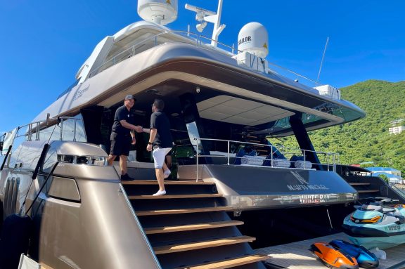 Yacht charter broker Alex Hailwax meets crew of catamaran NAUTI NICKEL