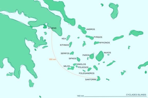 Greece Yacht Charter Area Map of Cyclades Islands with Athens to Santorini distance