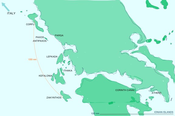Greece Yacht Charter Area Map of Ionian Islands with Corfu to Zakynthos distance