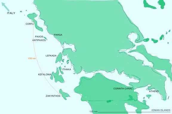 Greece Yacht Charter Area Map of Ionian Islands with Corfu to Zakynthos distance