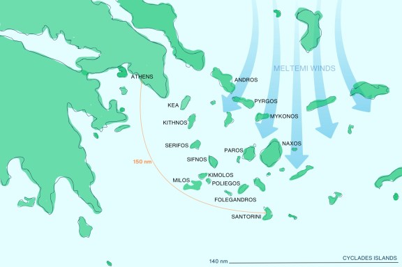 Greece Yacht Charter Area Map of Saronic Islands with Athens to Sepses and meltemi wind
