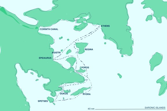 Map of the Saronic Islands and Yacht Charter Route