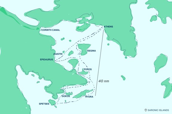 Map of the Saronic Islands and Yacht Charter Route