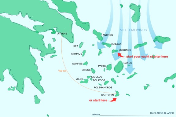 Santorini Yacht Charter Map