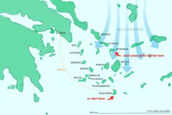 Santorini Yacht Charter Map