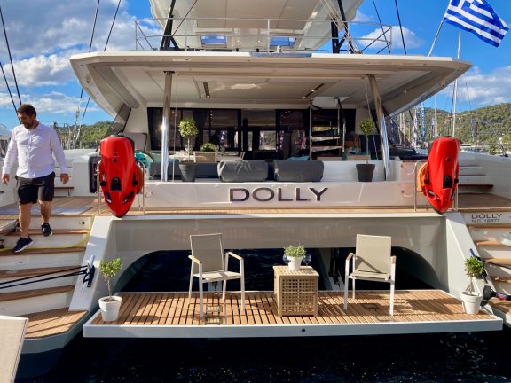 Catamaran Dolly docked in Poros, Greece Catamaran Charter