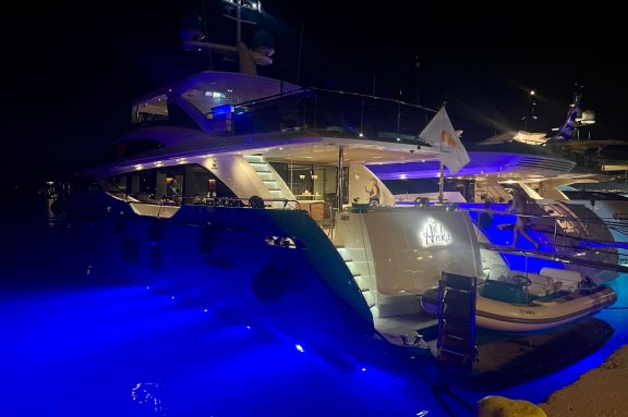 Motor yacht ANKA docked at Spetses nightime, Greece