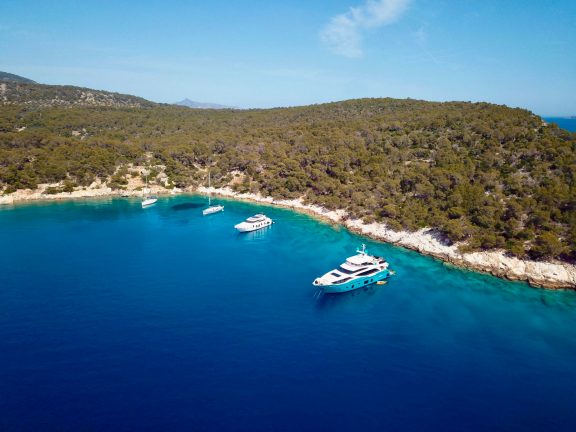 Motor yacht ANKA tied stern to at Agistri Island, Greece