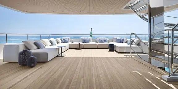 ALMAX Luxury Charter Yacht Sanlorenzo 50 Steel Aft Seating Area