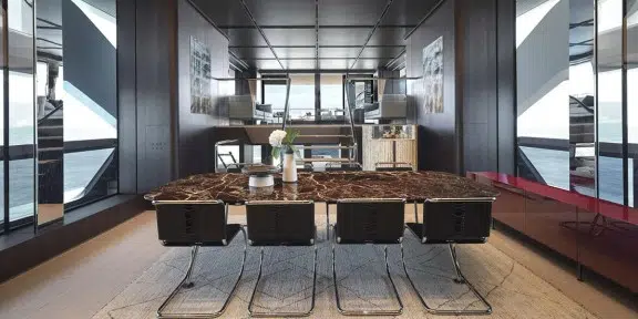 ALMAX Luxury Charter Yacht Sanlorenzo 50 Steel Main Salon Dining Area