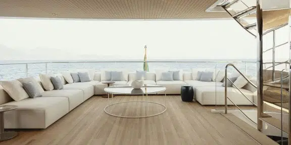 ALMAX Luxury Charter Yacht Sanlorenzo 50 Steel Aft Deck Seating Area
