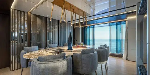 BEL1 Luxury Charter Yacht 50m Rossinavi Main Deck DIning Area with Folding Balcony