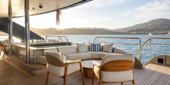 SEAWOLF X Luxury Motor Eco Catamaran Charter Rossinavi 43m Custom Aft Seating Area