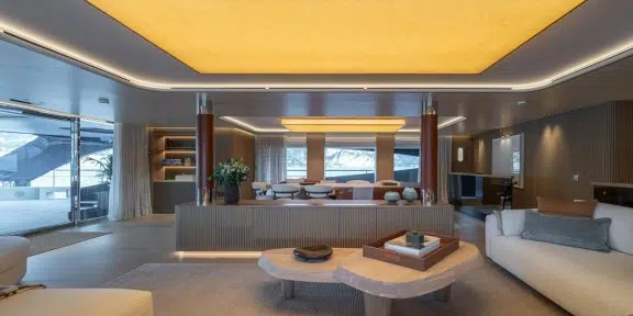 SEAWOLF X Luxury Motor Eco Catamaran Charter Rossinavi 43m Custom Salon Seating Area