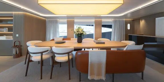 SEAWOLF X Luxury Motor Eco Catamaran Charter Rossinavi 43m Custom Main Salon Dining